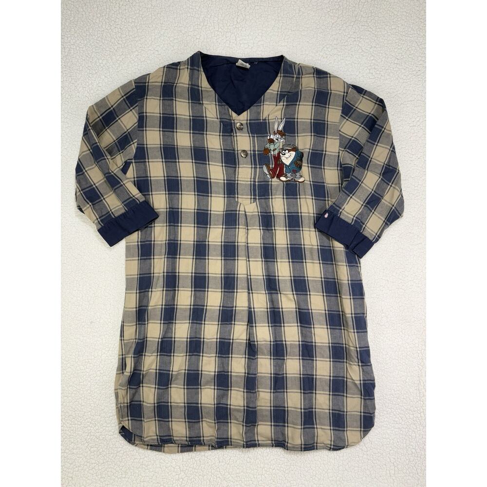 Vintage 1994 Acme Clothing Looney Tunes Sleep Shirt Plaid Flannel‎ PJs Mens S/M
